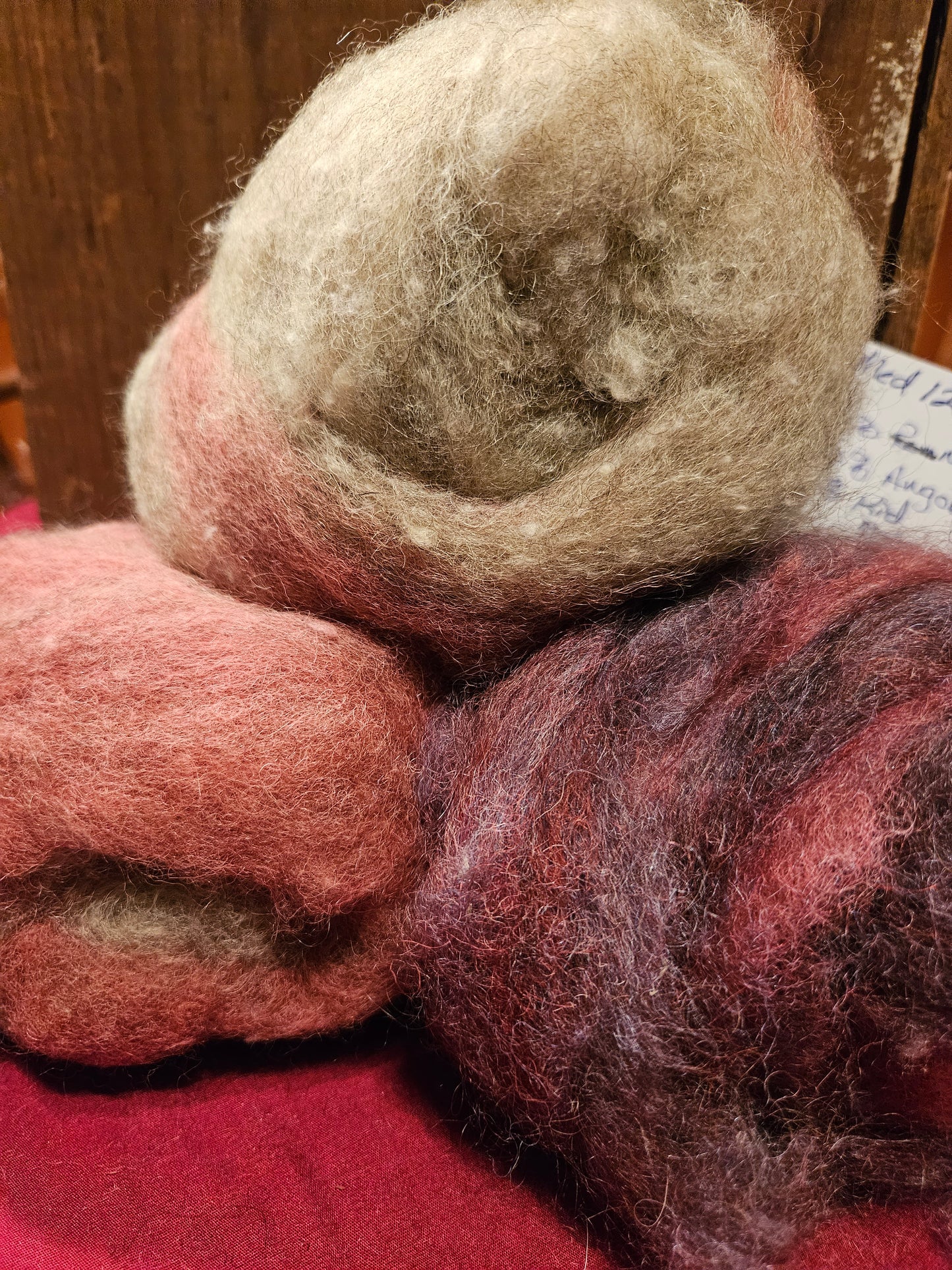 Farm Raised Romney Sheep Wool and Angora blended 70/30 Burgandy Swirl & Seafoam SwirlVery Soft Handspinner Ready