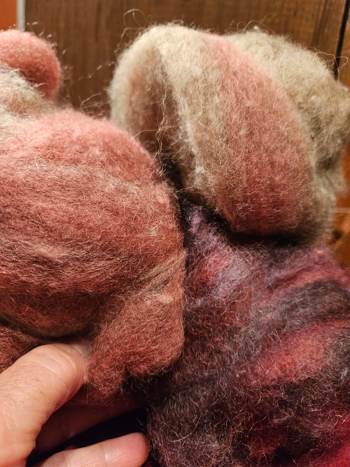 Farm Raised Romney Sheep Wool and Angora blended 70/30 Burgandy Swirl & Seafoam SwirlVery Soft Handspinner Ready