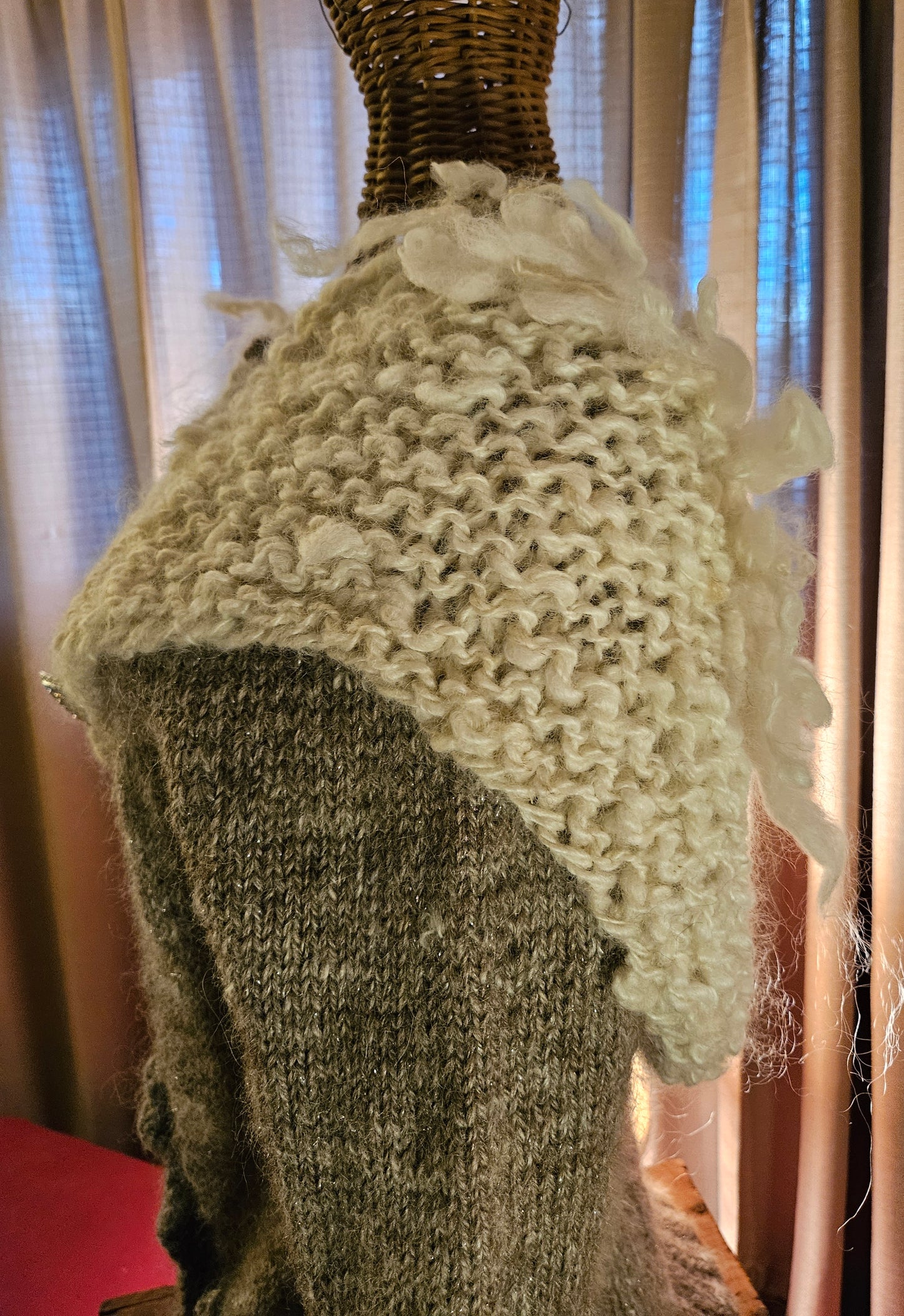 Shawl Handknit- Handspun White Cotswold- 42" x 12"