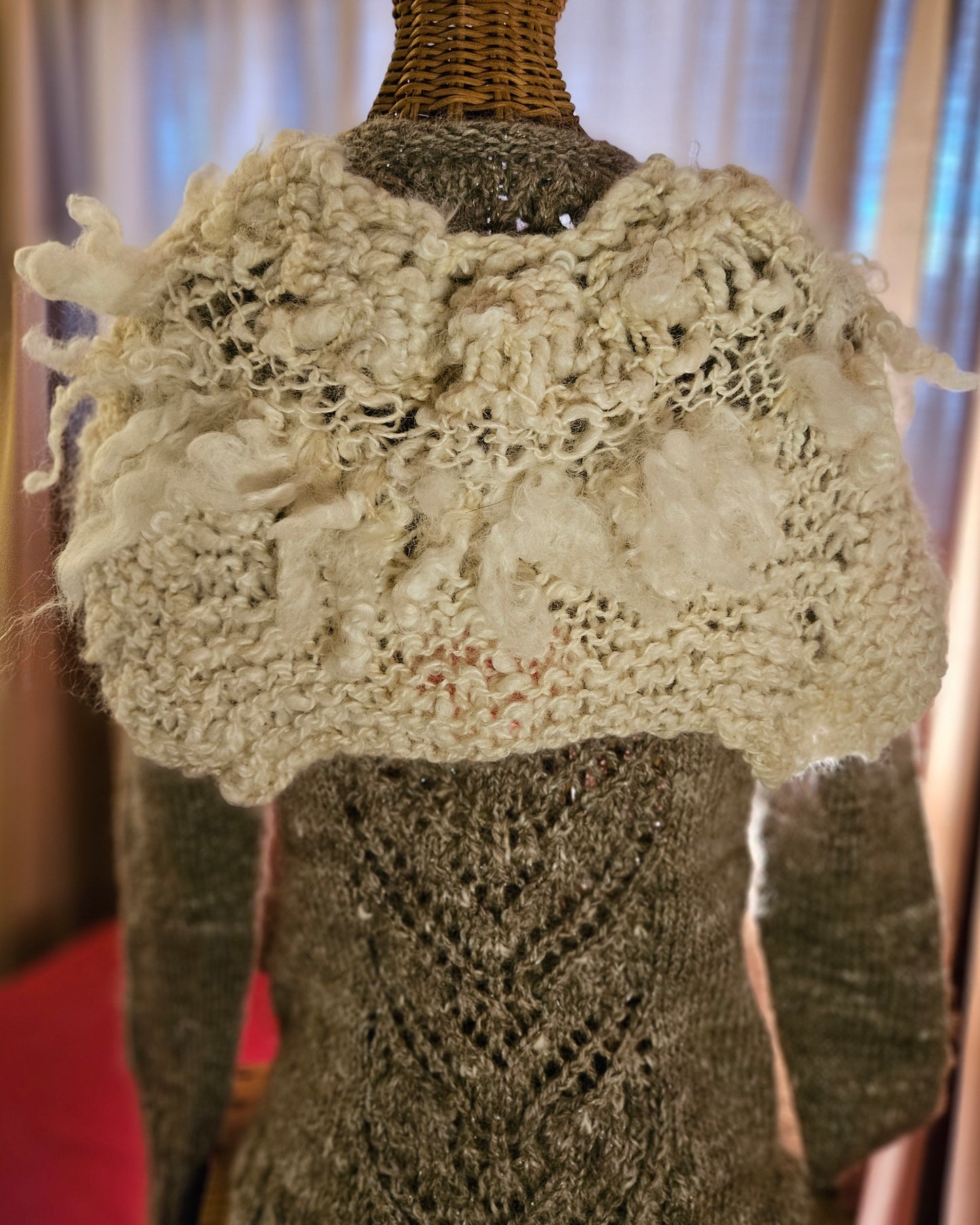 Shawl Handknit- Handspun White Cotswold- 42" x 12"