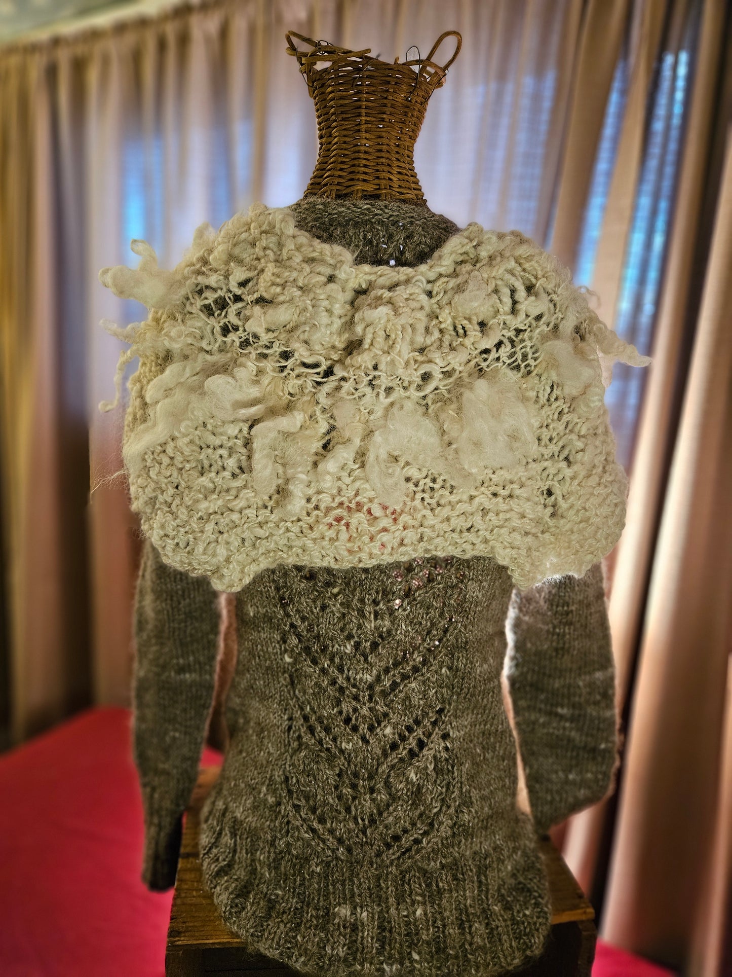 Shawl Handknit- Handspun White Cotswold- 42" x 12"