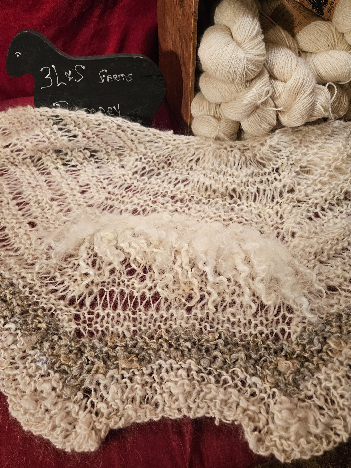 Shawl Handknit- Handspun White Cotswold- 55" x 20"