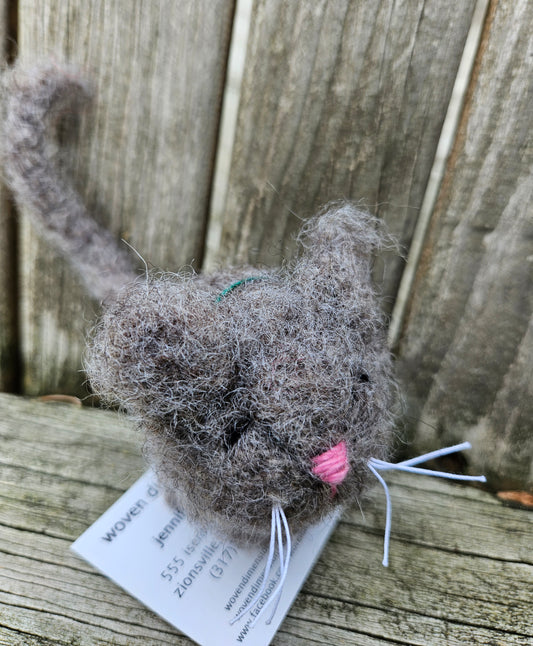 Felted Gray Tabby cat knitted with 3LS Romney Silver Gray yarn  at Woven Dimensions