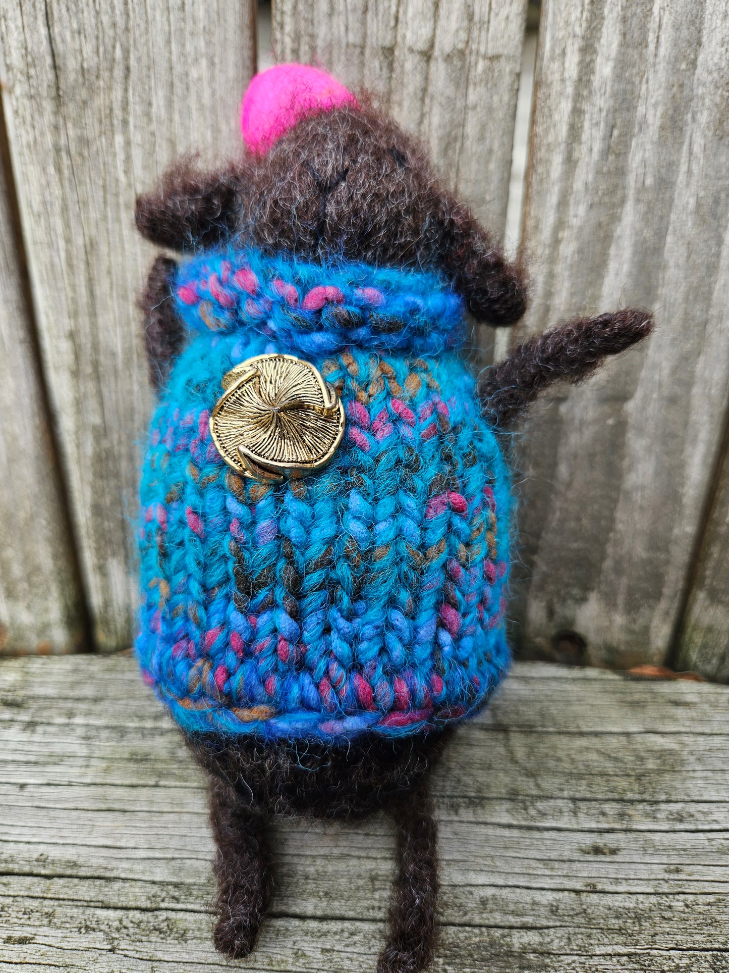 Sheep Ornament Dressed in Blue- LBG-28 Chocalate Knitted Wool Yarn 6" x 3"