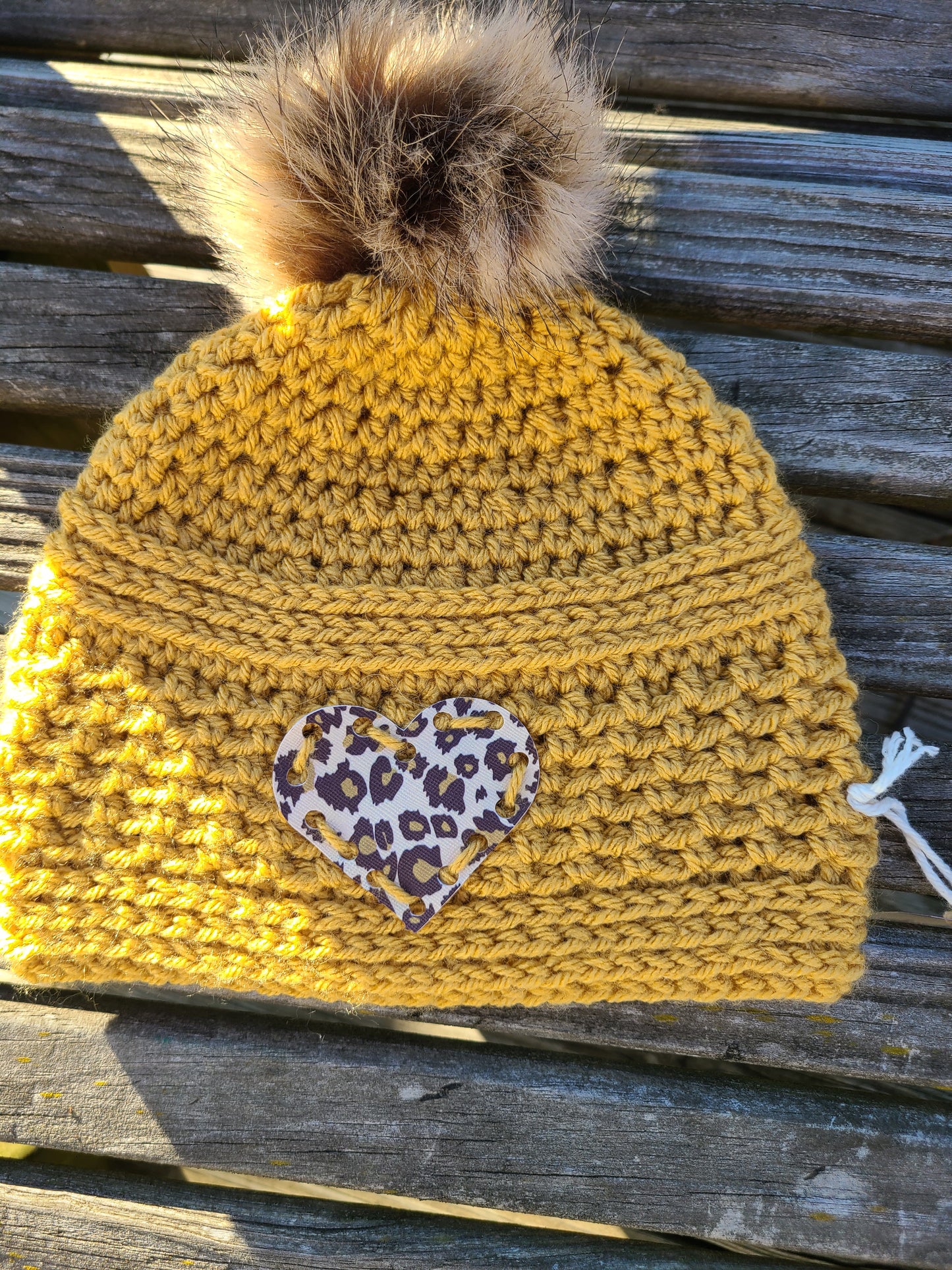 Hat Copper Color w/ Cat Print Heart & PomPom- Hand Crocheted - Adult