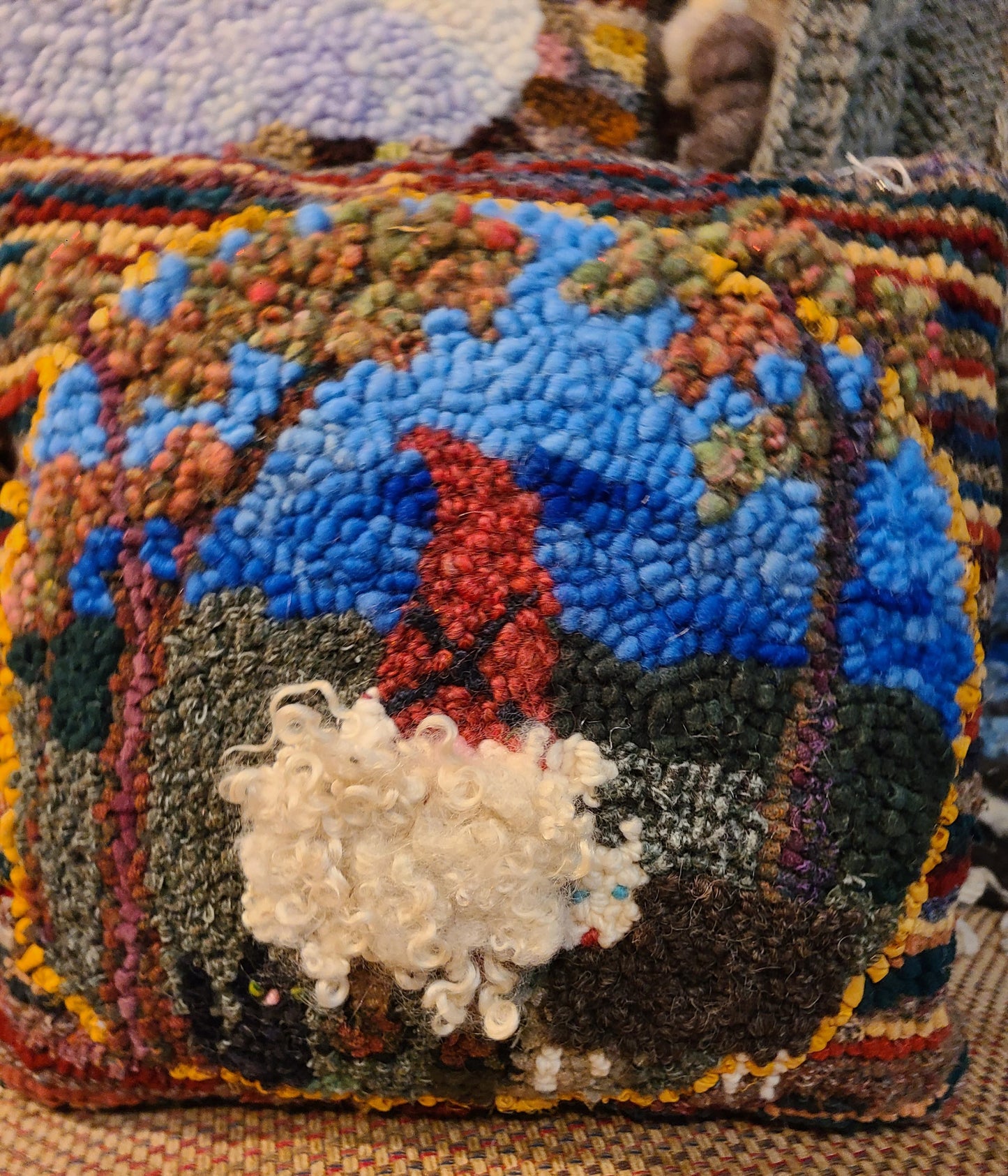 Pillow Rug-Hooked Romney Wool "Shepherd Gnome"- 14.5" x 14.5""