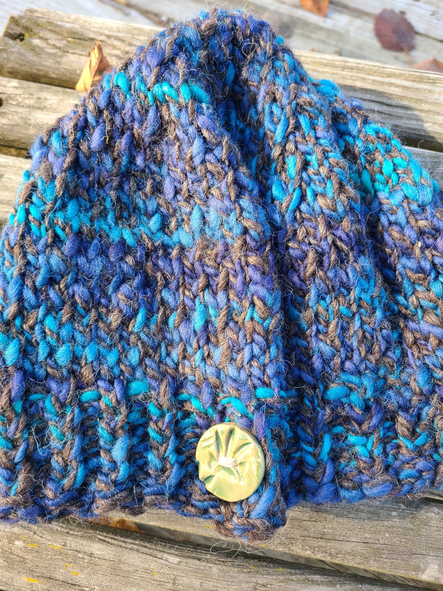 Handknit Hat- Hand Dyed & Handspun Farm Romney Wool Blend w/ Mohair- Montana Skyline - 21 1/2 " fit w/ 10" crown