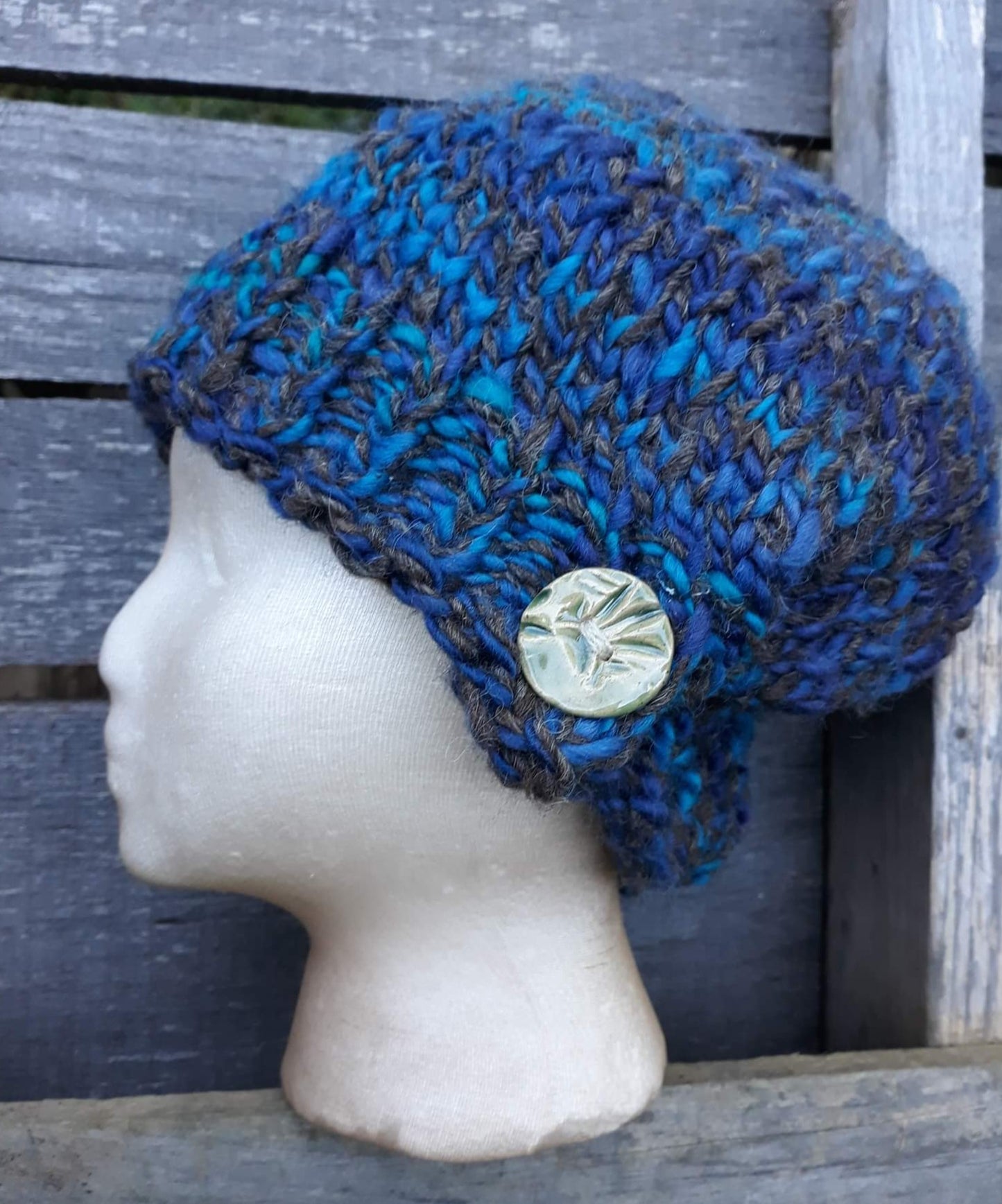 Handknit Hat- Hand Dyed & Handspun Farm Romney Wool Blend w/ Mohair- Montana Skyline - 21 1/2 " fit w/ 10" crown
