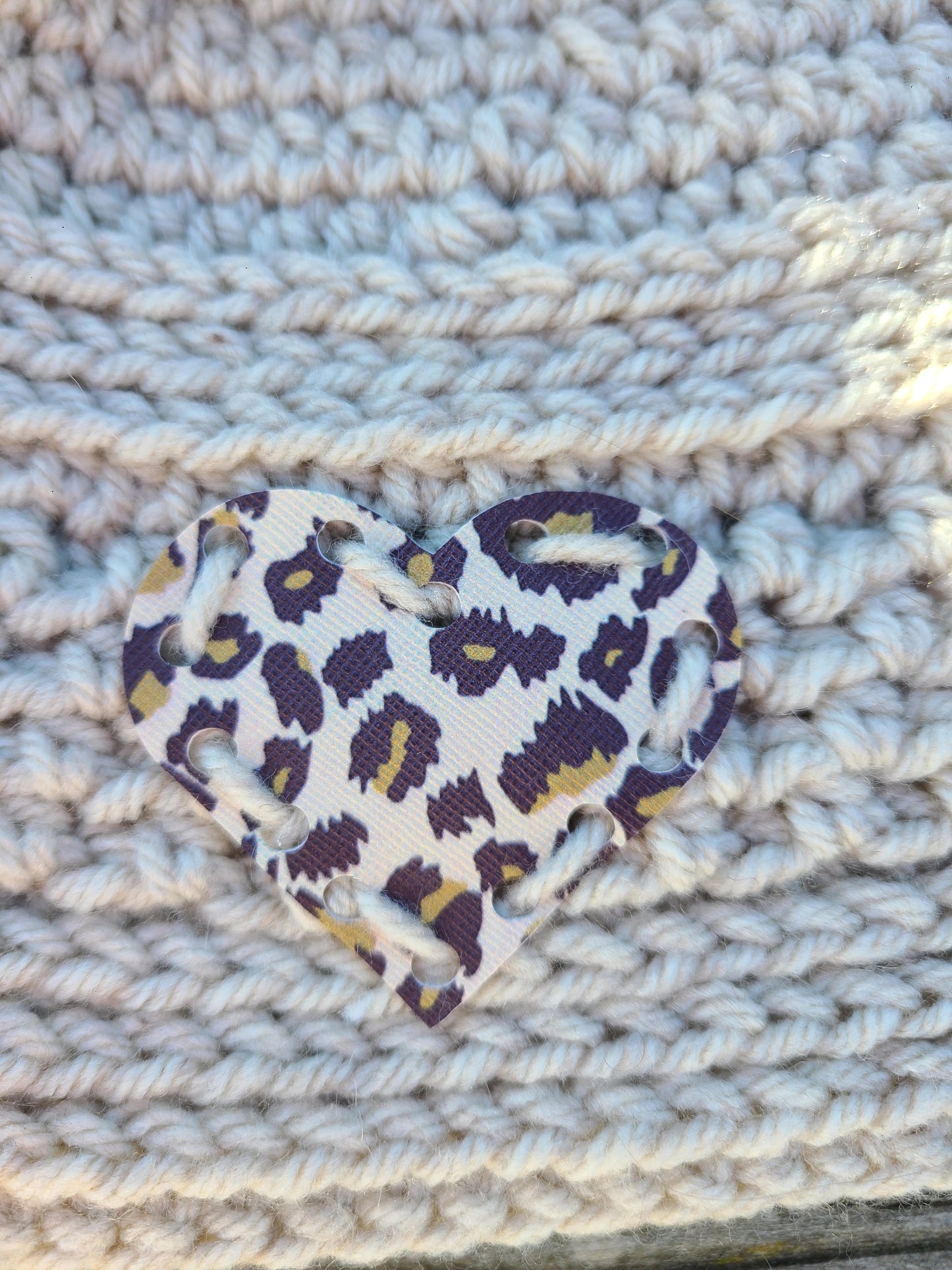 Hat Hand Crocheted Beige w/Cat Print Heart & PomPom - Child's