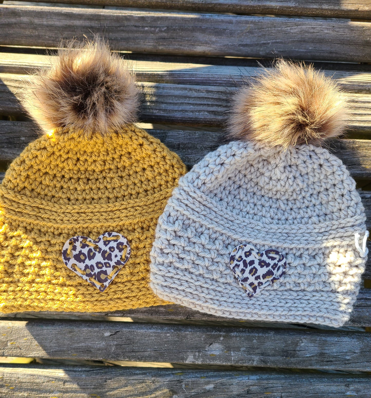 Hat Hand Crocheted Beige w/Cat Print Heart & PomPom - Child's