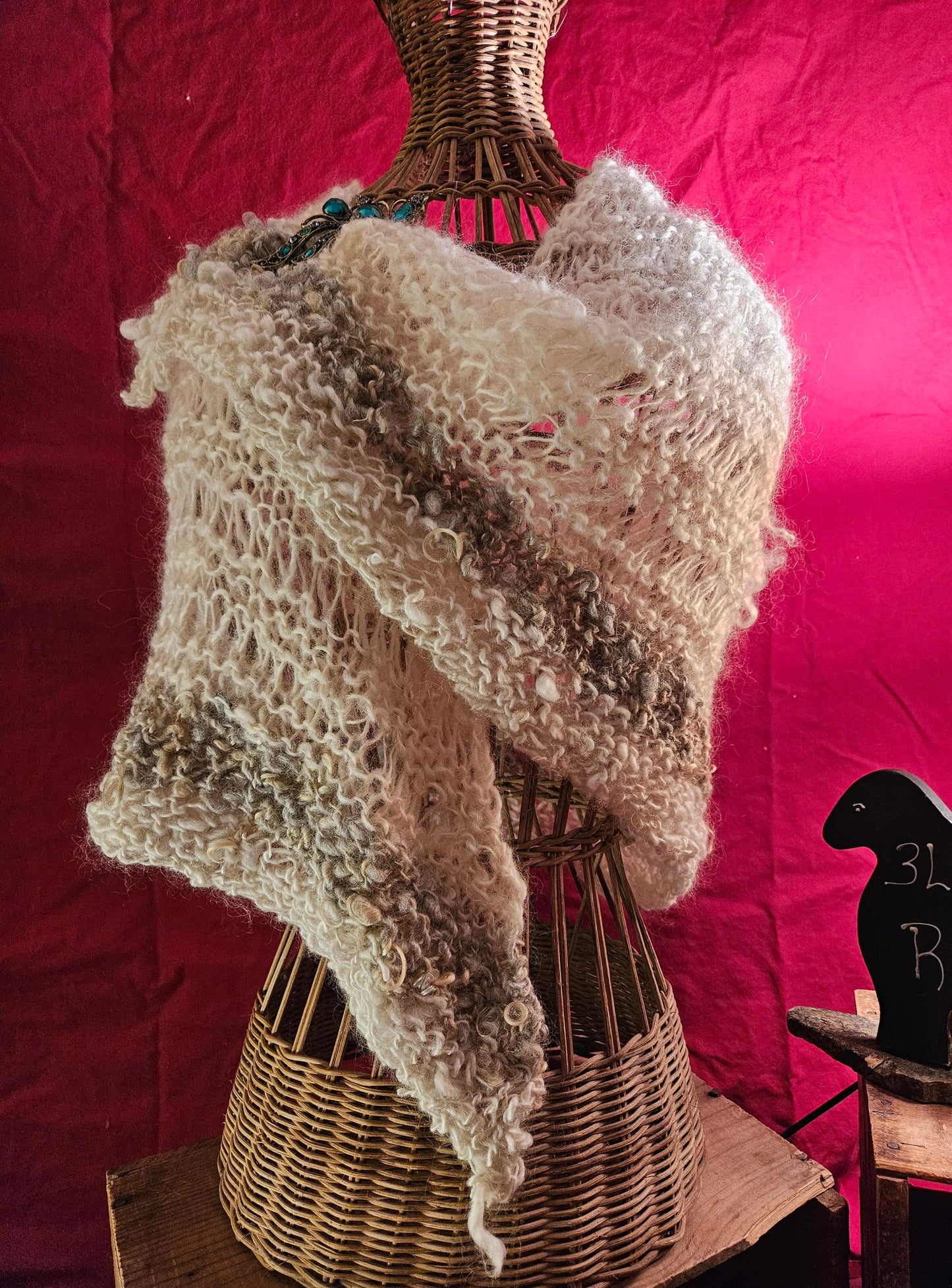 Shawl Handknit- Handspun White Cotswold- 55" x 20"