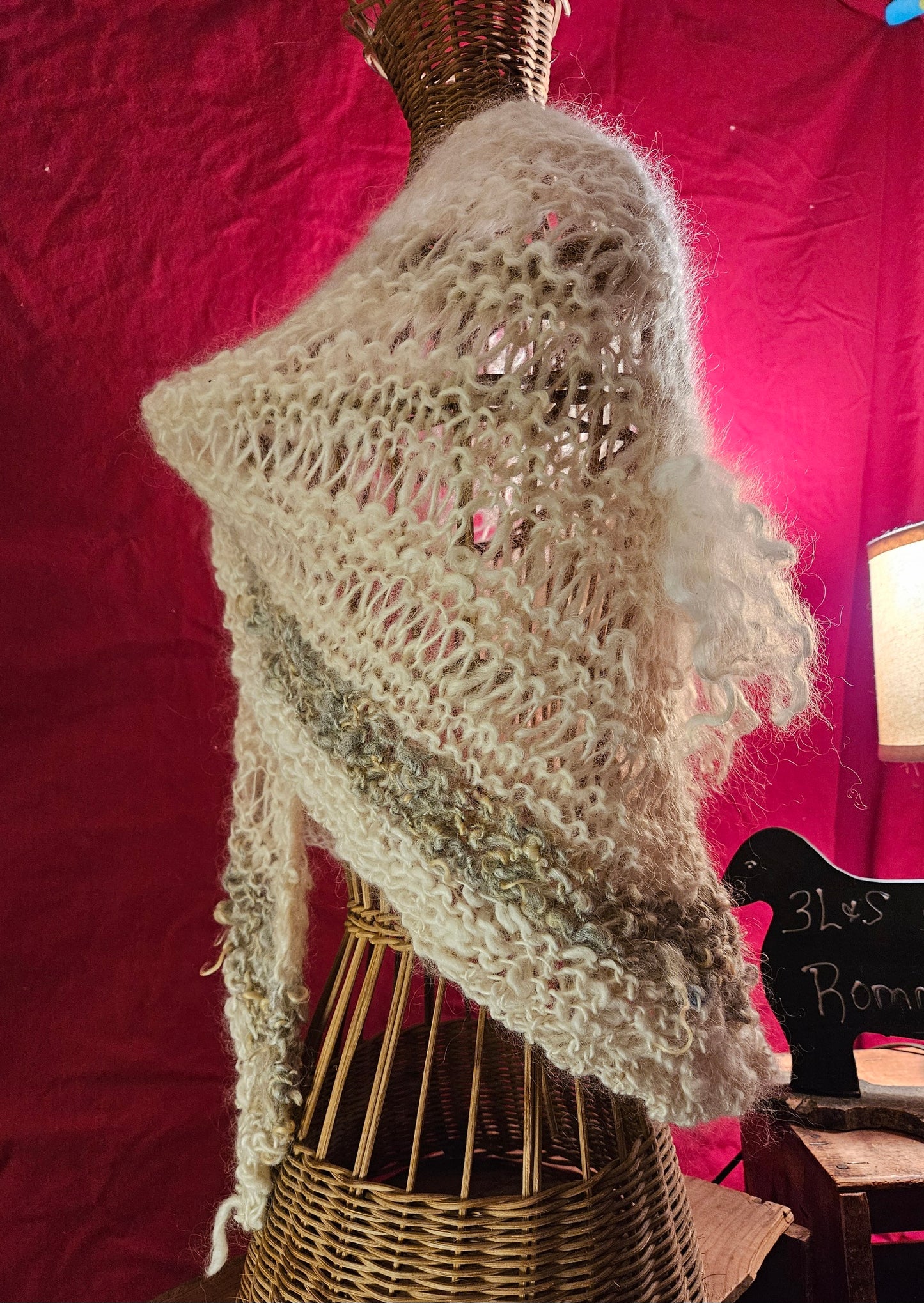Shawl Handknit- Handspun White Cotswold- 55" x 20"