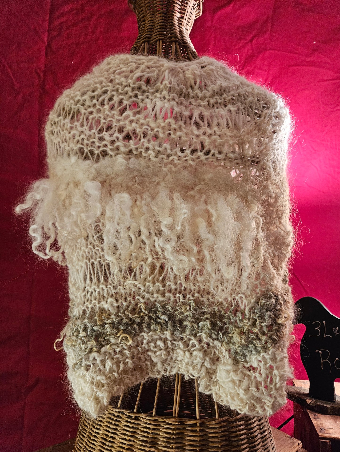 Shawl Handknit- Handspun White Cotswold- 55" x 20"