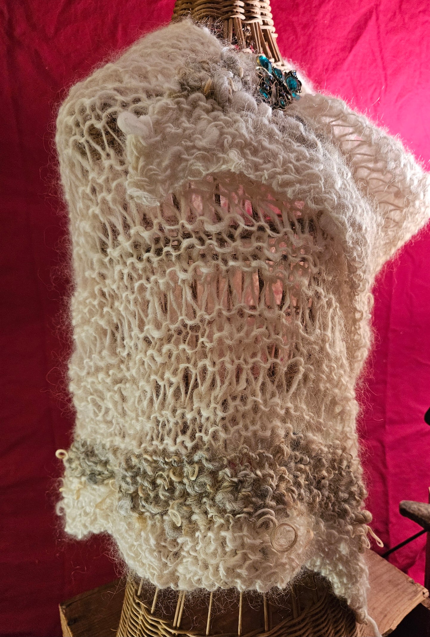 Shawl Handknit- Handspun White Cotswold- 55" x 20"