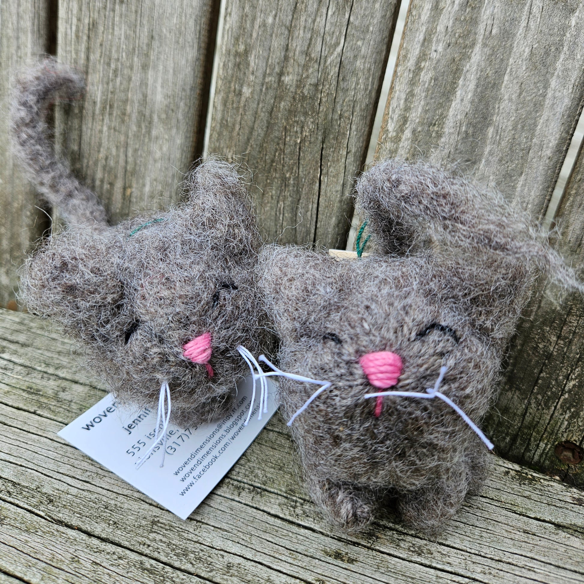 Felted Gray Tabby cat knitted with 3LS Romney Silver Gray yarn  at Woven Dimensions
