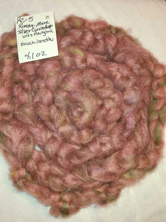 Roving Romney/Corriedale/Angora Blend -Natural Dyes RC5-21  4.1 ounces