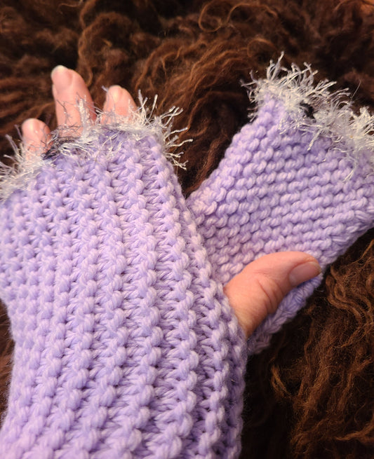Handknit Fingerless Mitts- Lavender Fringed Wool - Women's or Large Child- 4" cuff