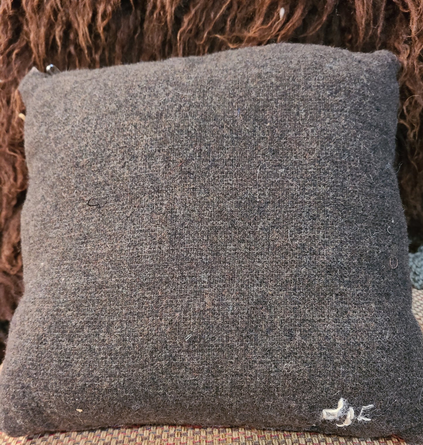 Pillow Rug-Hooked Romney Wool "Shepherd Gnome"-  14.5" x 14.5""