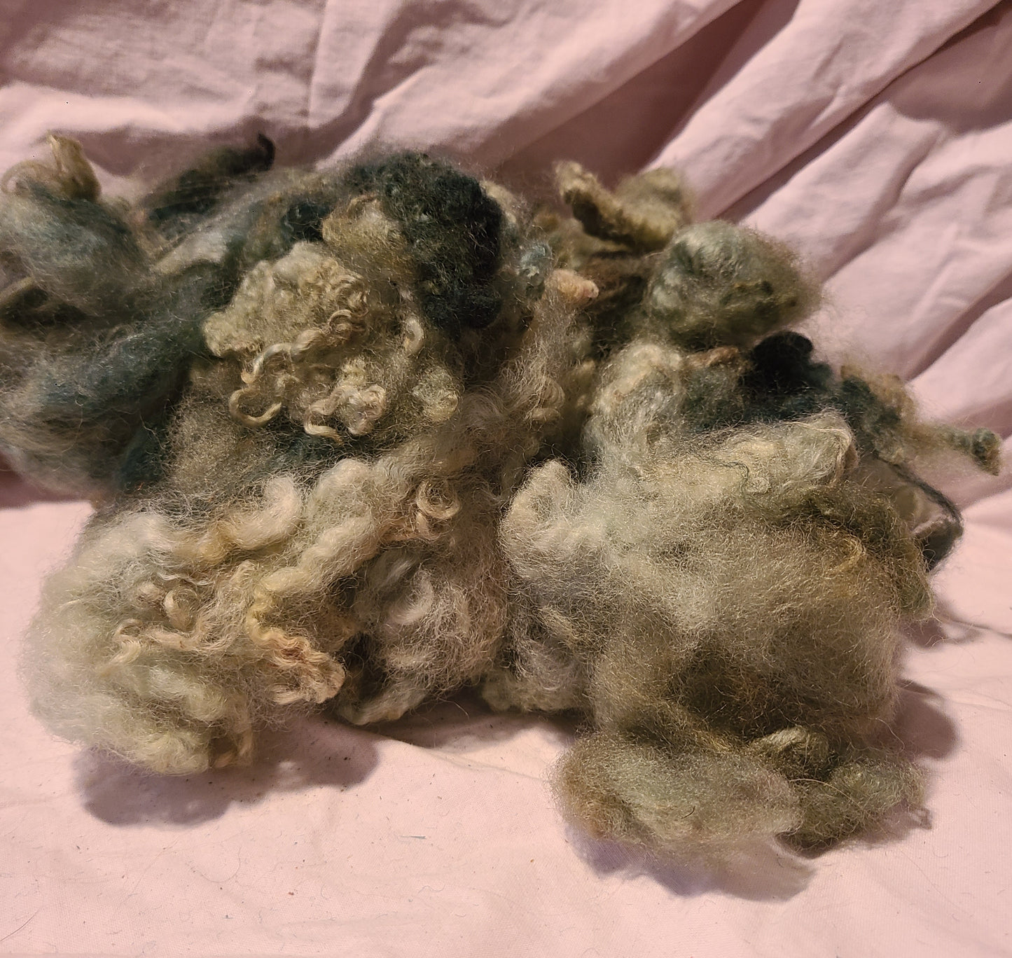 Mossy Green dyed Romney Locks perfect for needle felting, rug hooking or lock spinning