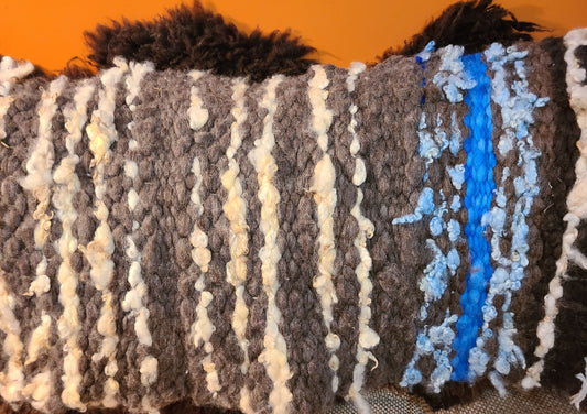 Rug Hand Woven Peg Loom Gray & Blue Thick Romney Wool Rug- 37" x 22"