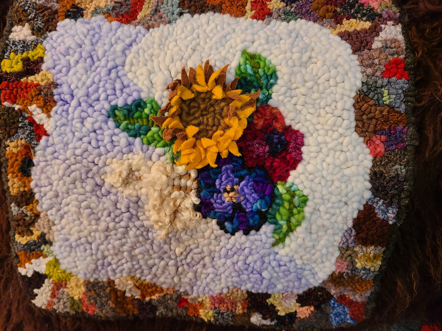 Rug-Hooked Picture - Romney Wool  "Black Eyed Susan Garden"-  15.5" x 15.5"