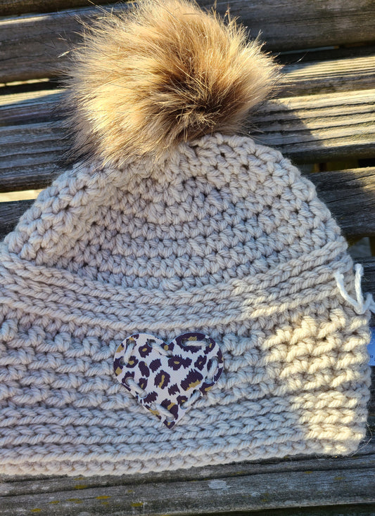 Hat Hand Crocheted Beige w/Cat Print Heart & PomPom - Child's