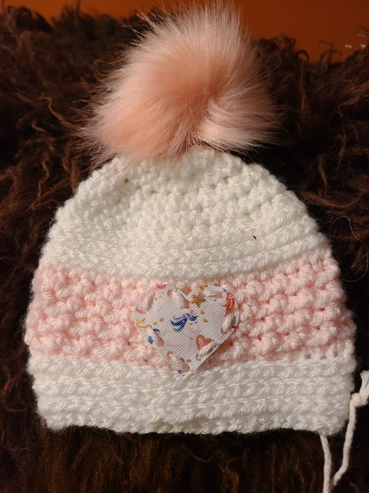Newborn Hat & Mom's Cup Cozy Hand-Crocheted in Sweet White & Pink- Size 0- 3 Months